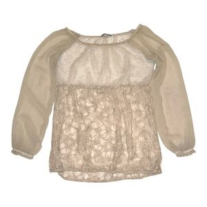 Tempo Paris Sheer Lace Floral Blouse Beige Gold Long Sleeve Romantic Top Medium